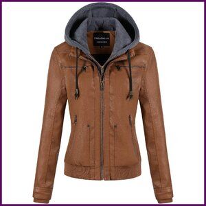 Women's Faux Leather Motorcycle Jacket with Removable Hood, Waterproof